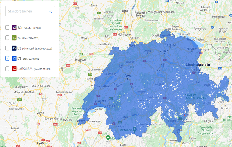 Karte der 3G-Abdeckung von Swisscom in der Schweiz esim holafly handy prepaid vergelich daten