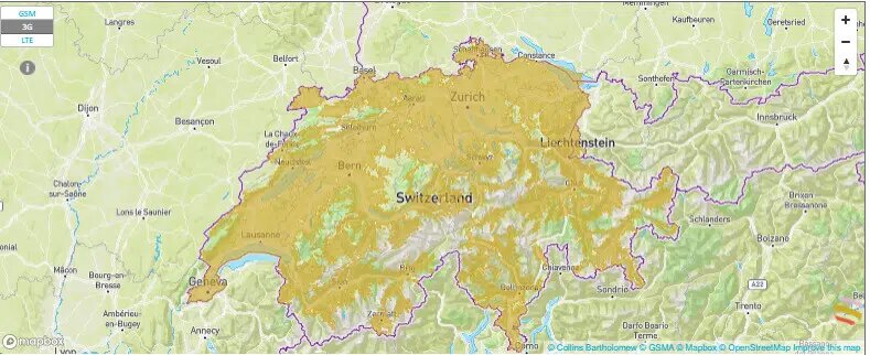 Karte der 3G-Mobilinternetabdeckung in der Schweiz
