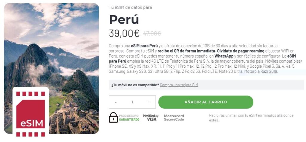 Tarjeta eSIM de datos para Perú