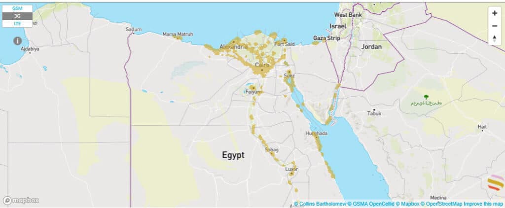Cobertura de internet móvil 3G en Egipto.