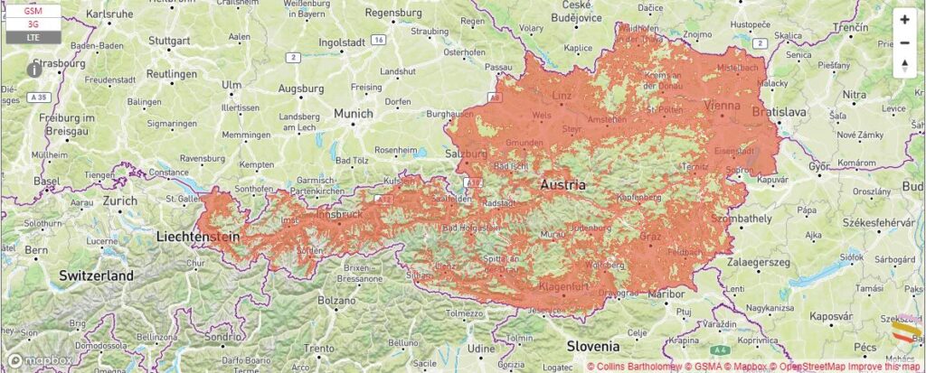 Mapa de cobertura con 3 (CK Hutchison) en Austria Fuente: GSMA