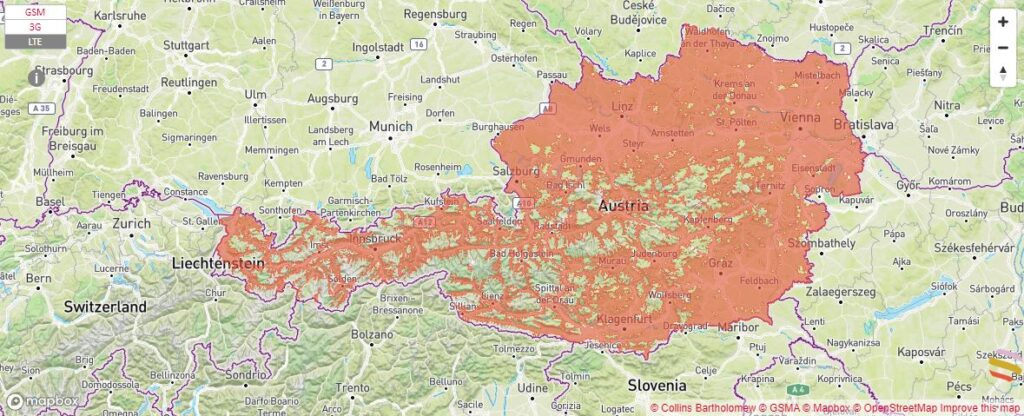 Mapa de cobertura con A1 Telekom en Austria. Fuente: GSMA