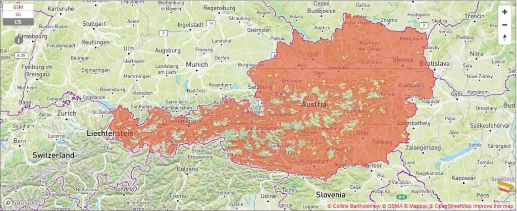Mapa de cobertura con T-Mobile en Austria Fuente: GSMA