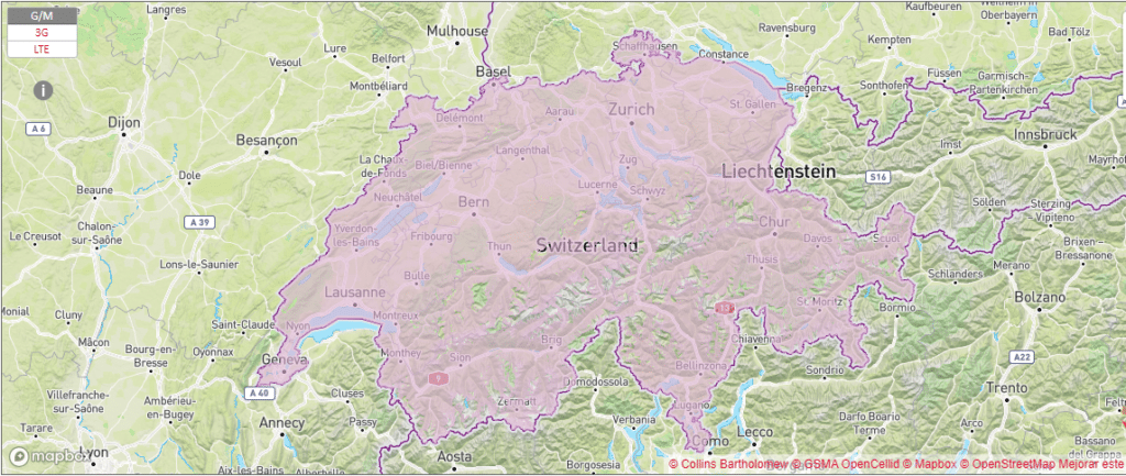 Mapa de cobertura Sunrise en Suiza