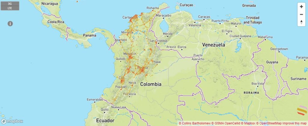 Mapa de cobertura 3G y 4G LTE de Tigo en Colombia