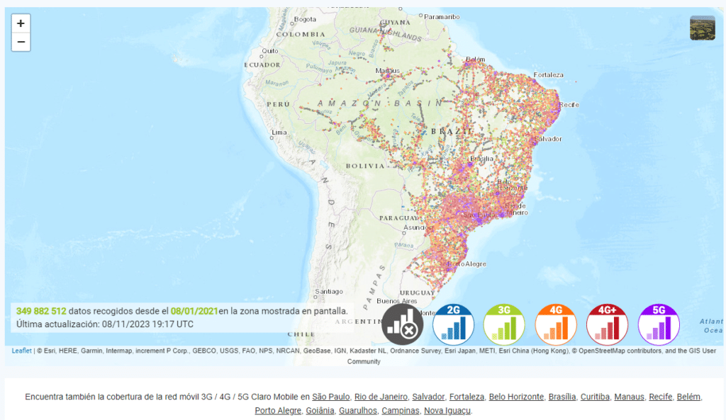 Mapa de cobertura red móvil de Claro Brasil 