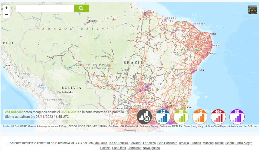 Mapa de cobertura red móvil de TIM Brasil 