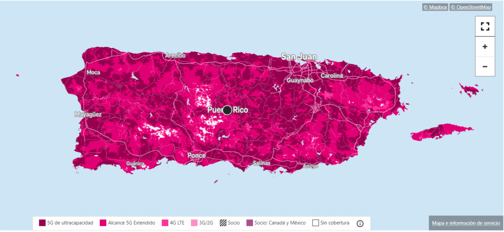 Mapa de cobertura de T-Mobile en Puerto Rico
