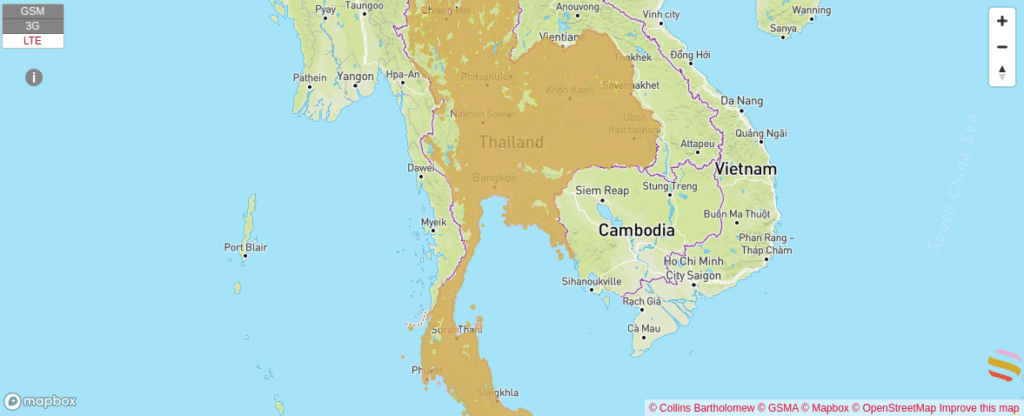 Mapa de cobertura esim en Tailandia