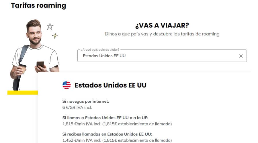 Simulador de tarifas de roaming con MÁSMÓVIL para USA