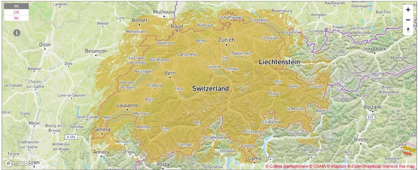 Mapa de cobertura red móvil Swisscom en Suiza