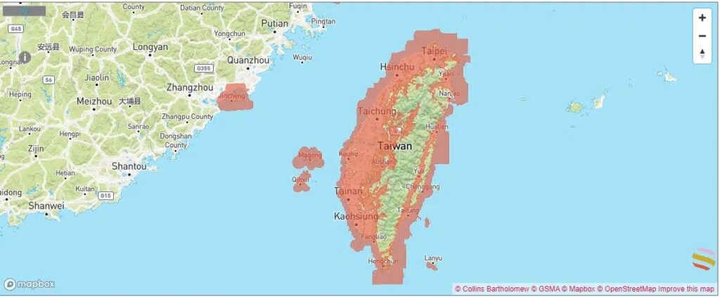 esim  台湾 スマートフォン データ通信 holafly 台湾モバイル 4G回線 台湾内エリアマップ