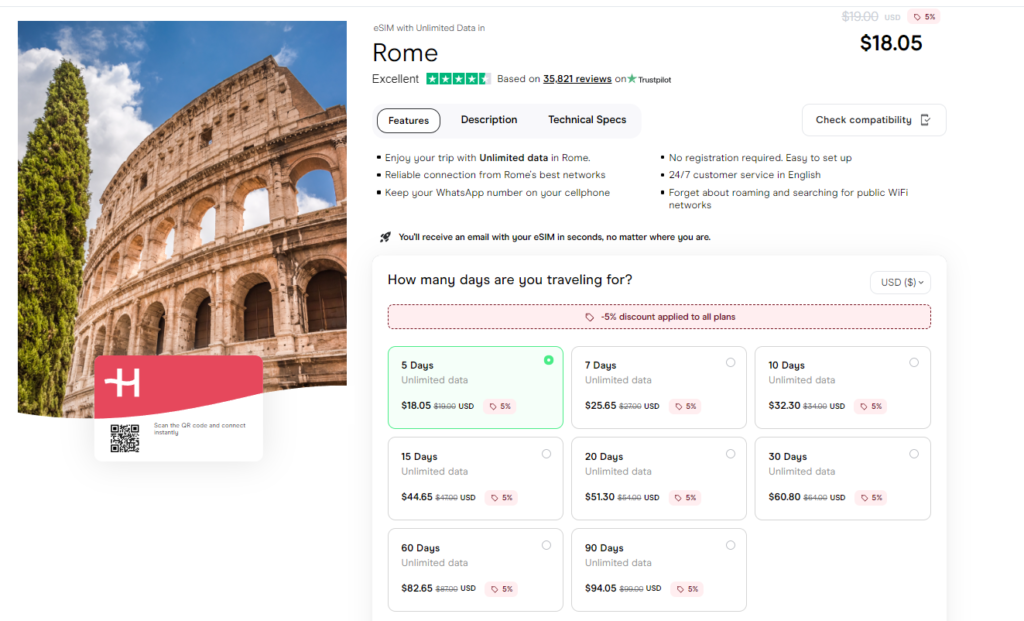 Unlimited data eSIM for Rome